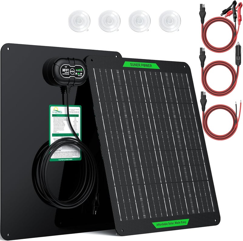 SUNER POWER Waterproof 20W 12V Solar Battery Charger & Maintainer PRO, Built-in UltraSmart MPPT Charge Controller, 12 Volt Solar Panel Trickle Charging Kits for Car Automotive Boat Marine RV Trailer - Image 1